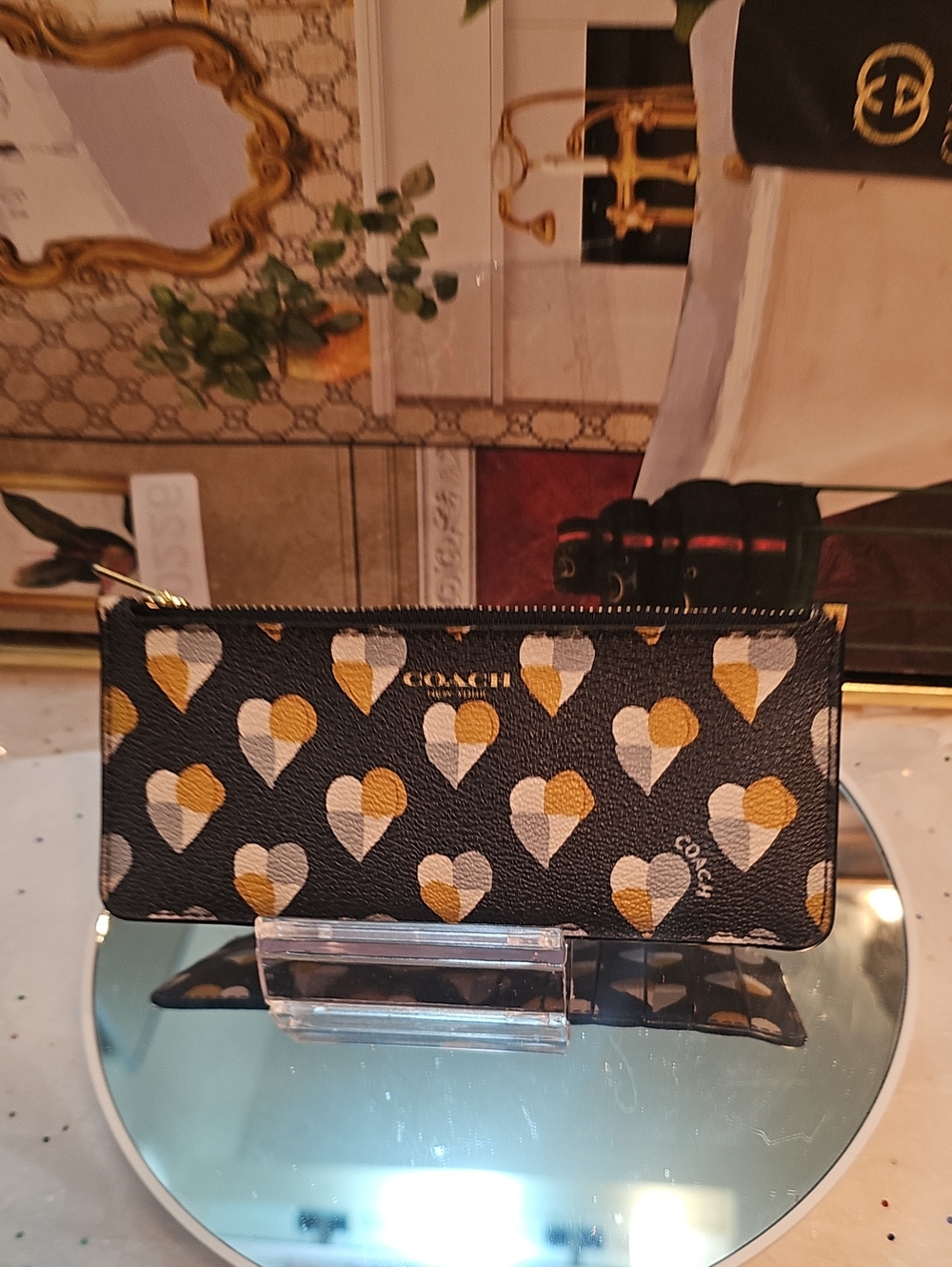 Coach Black Leather Heart Zip Card Pouch with White and Gold Hearts
